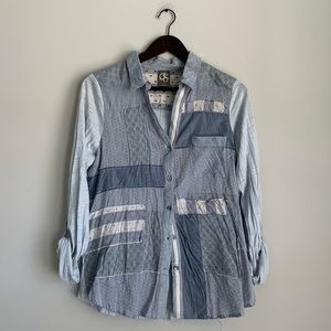 Anthropologie One September Medium Patchwork Buttondown Cotton Blue Blouse